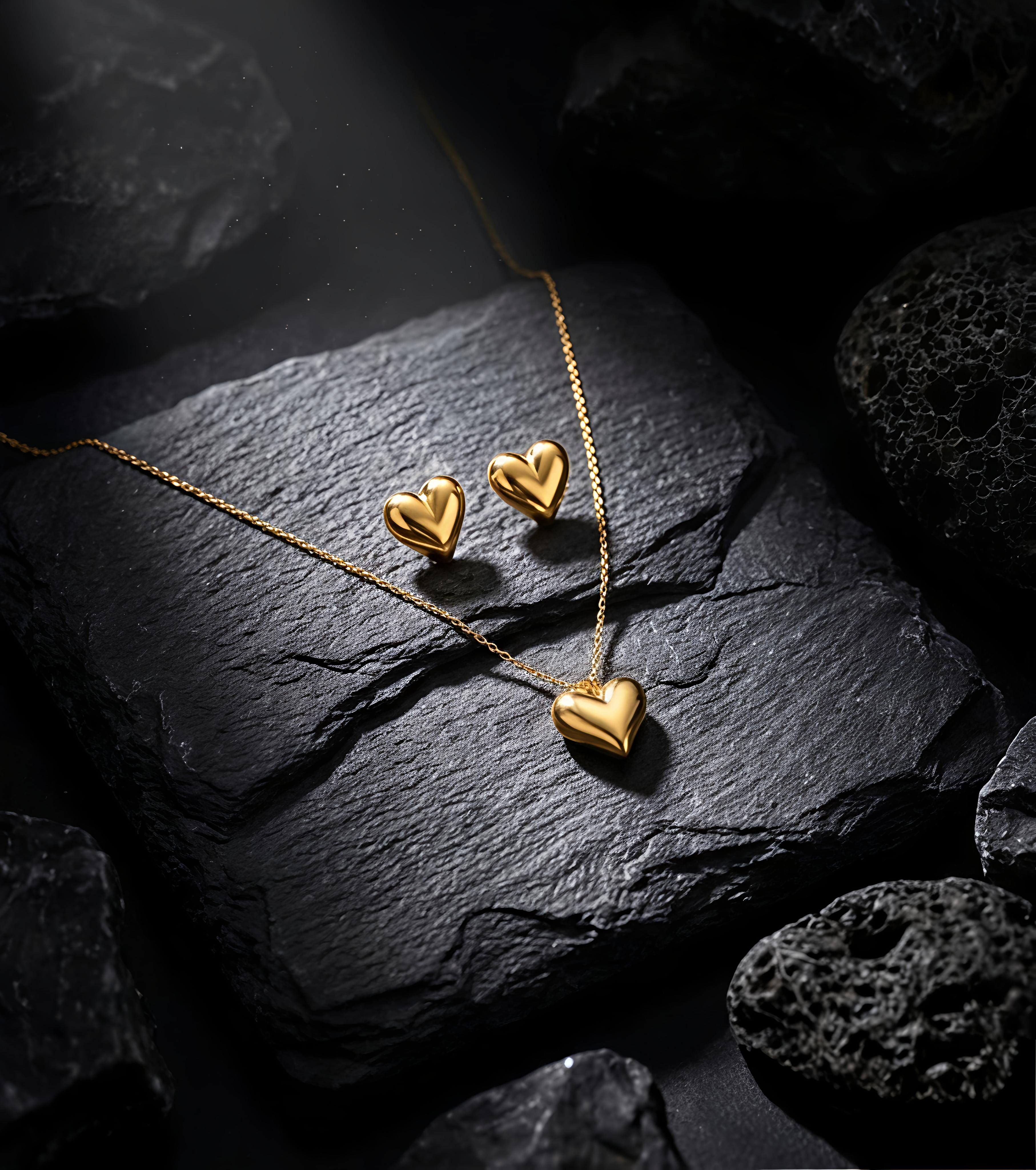 Premium Tavisi Golden Heart Pendant Necklace & Earrings Set with matching heart stud earrings 18K gold plated 316L surgical stainless steel anti tarnish long lasting daily wear jewellery closeup 