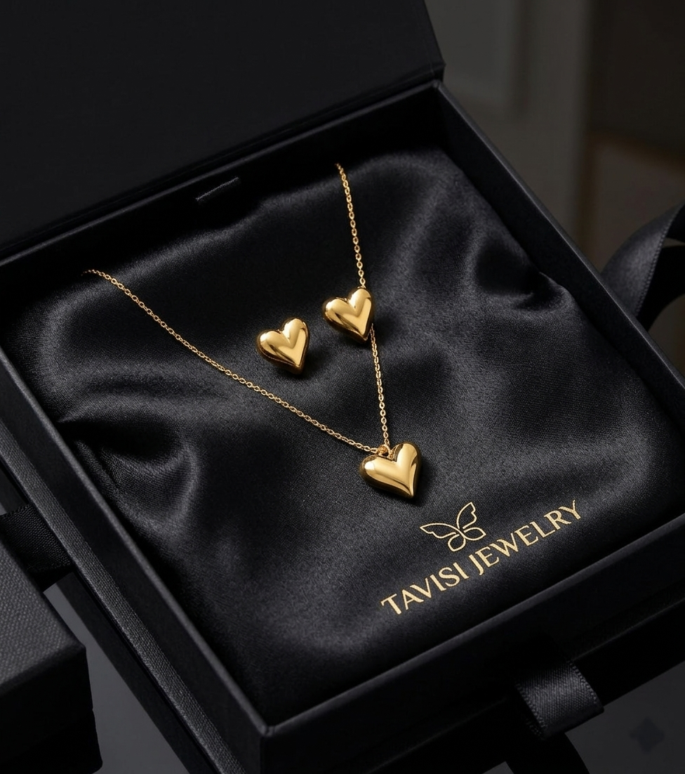 Tavisi Golden Heart Pendant Necklace & Earrings Set with elegant heart design 18K gold electroplated 316L surgical stainless steel anti tarnish waterproof long lasting jewellery model view 