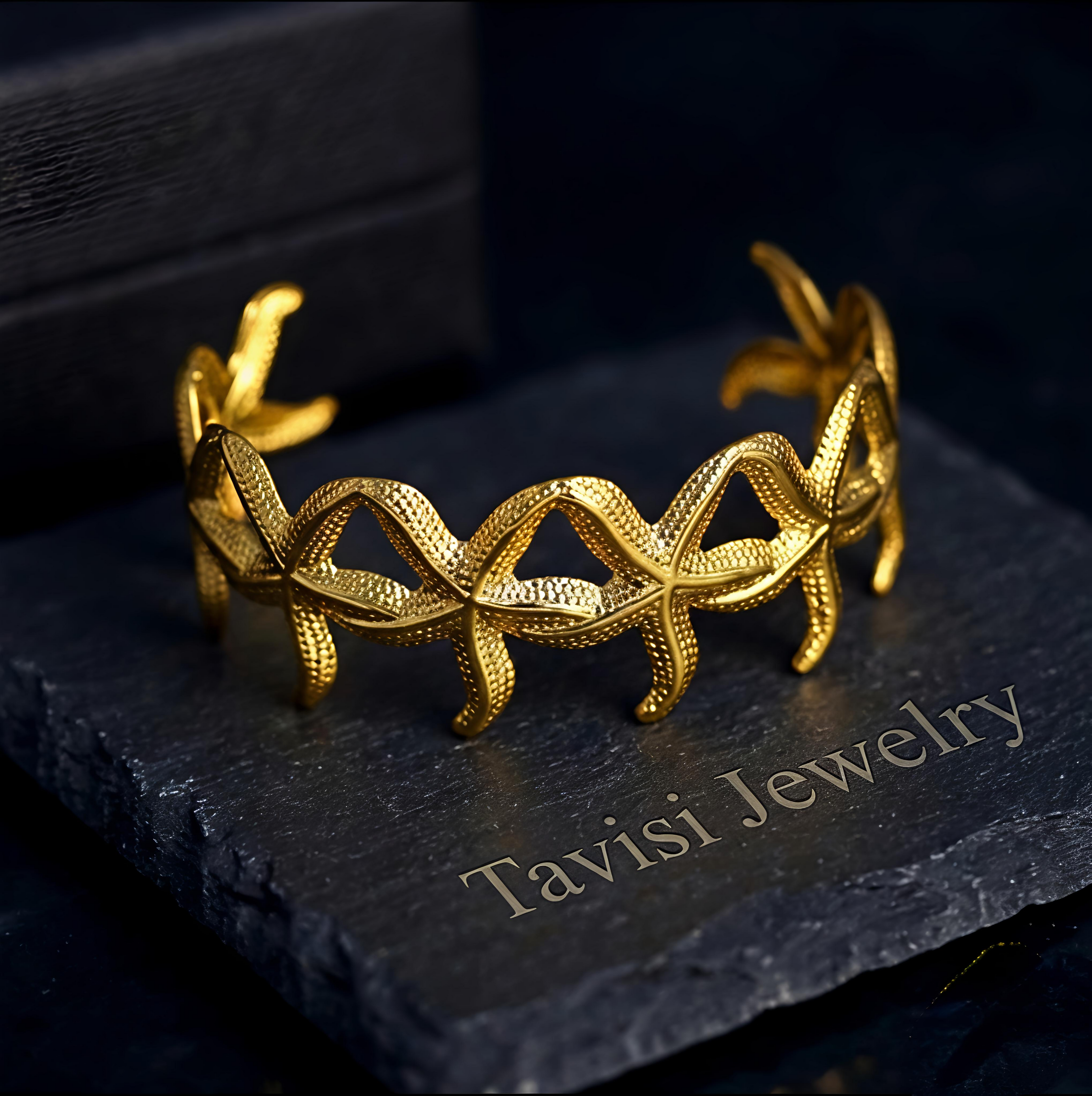 Premium Tavisi vine inspired gold plated cuff bracelet crafted in 316L surgical stainless steel with PVD coating