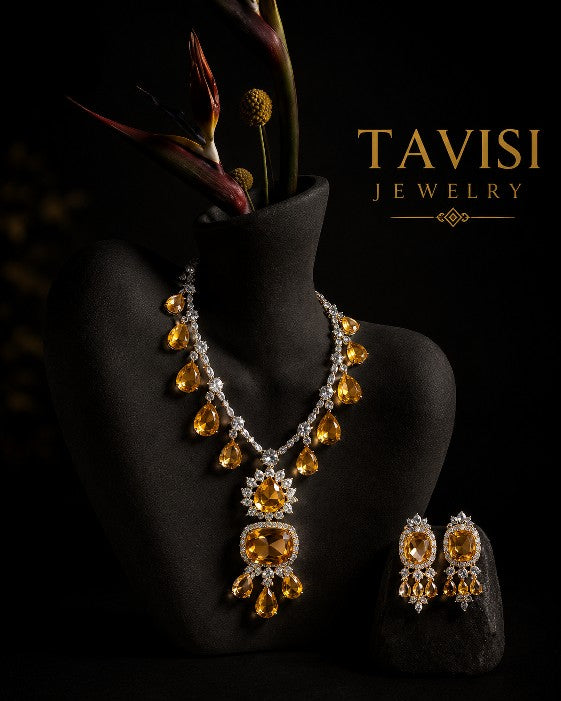 Tavisi Golden Yellow AD CZ White Stone Necklace Earrings Set Premium Brass Casting Jewellery