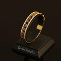 Tavisi Greek Shine Kada in 22K gold plated 316L surgical stainless steel with CZ detailing, anti tarnish finish, open lock design, size 2.4
