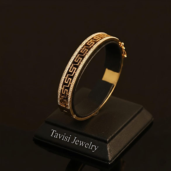 Tavisi Greek Shine Kada in 22K gold plated 316L surgical stainless steel with CZ detailing, anti tarnish finish, open lock design, size 2.4
