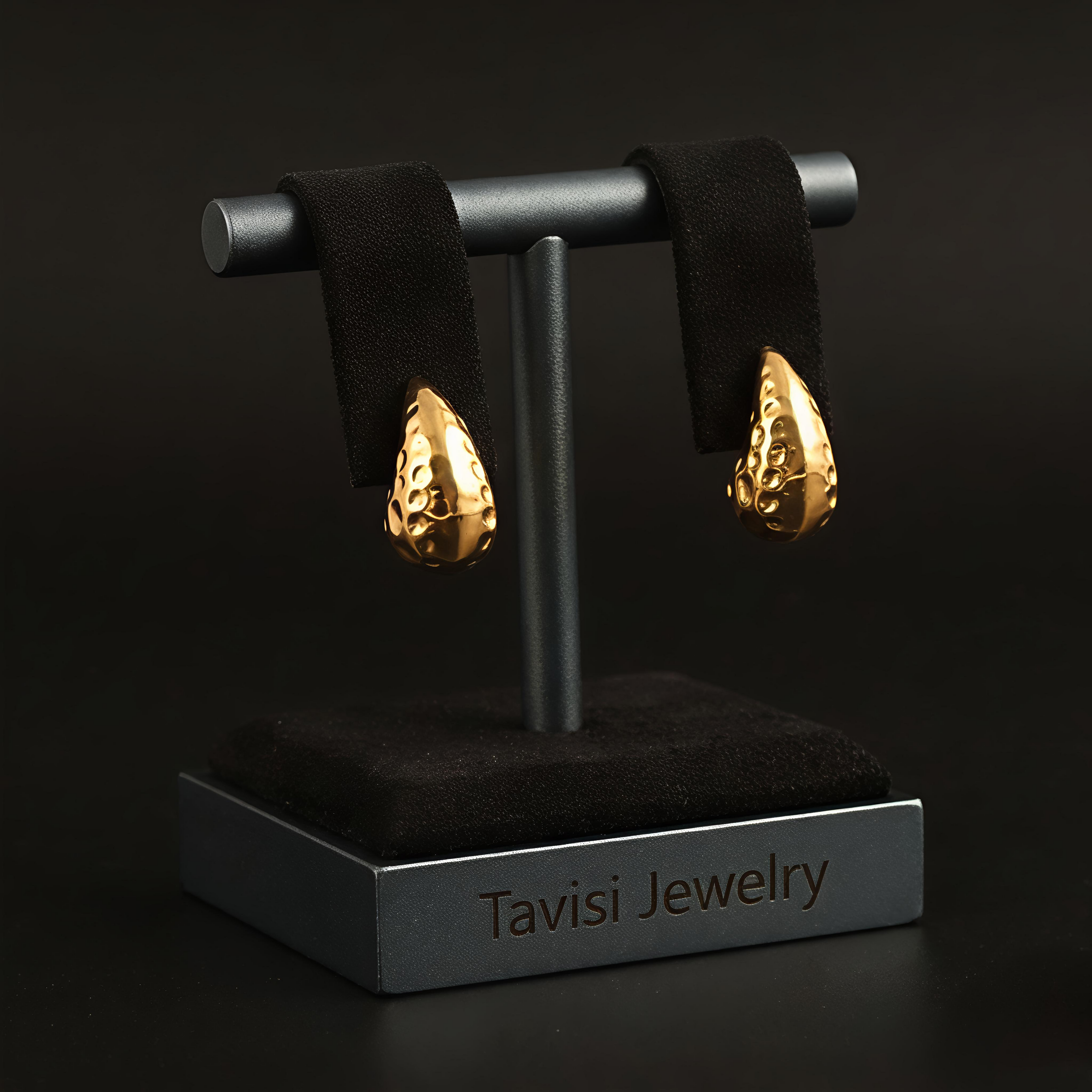 Tavisi hammered gold hoop stud earrings in 22K gold plated 316L surgical stainless steel for women
