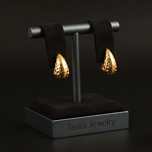 Tavisi hammered gold hoop stud earrings in 22K gold plated 316L surgical stainless steel for women
