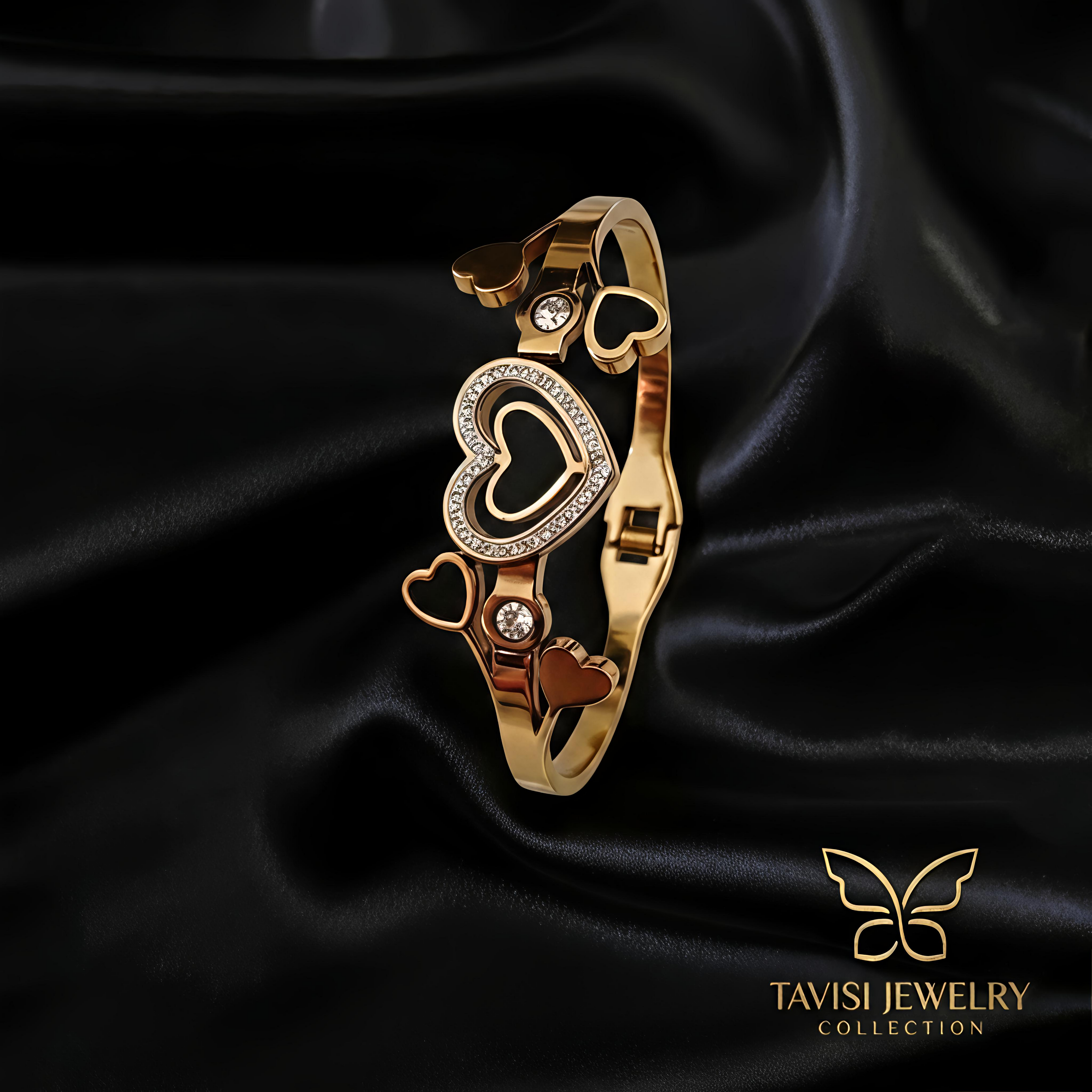 Tavisi heart design bracelet with AD stones in 22K gold plated 316L surgical stainless steel for women
