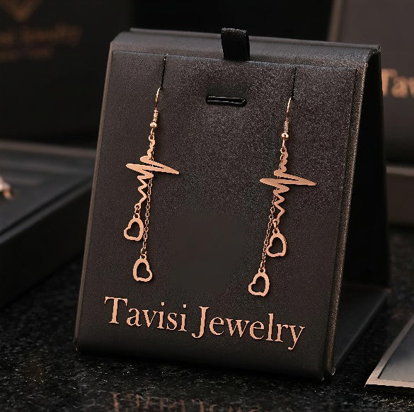 Tavisi heartbeat charm drop earrings with 18K rose gold plating and anti tarnish finish for women