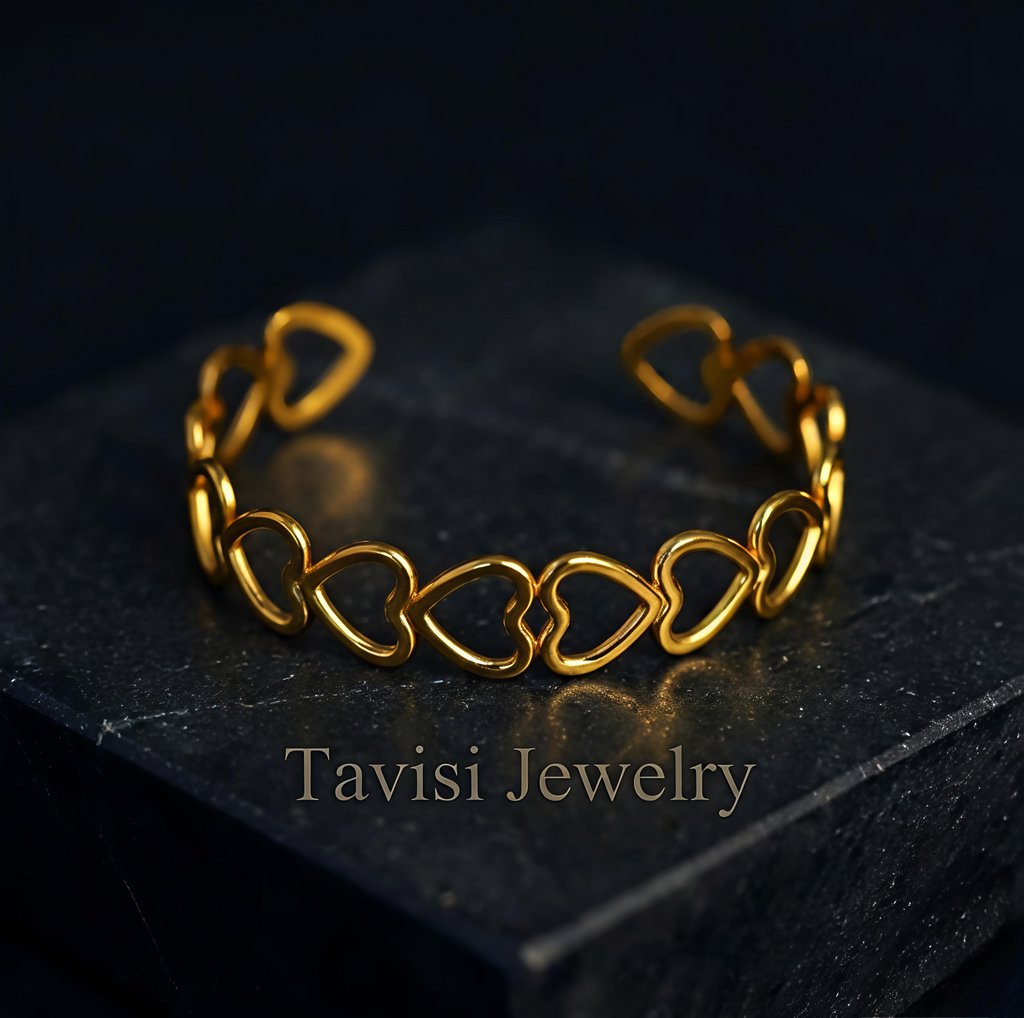 Angle view of Tavisi Heartline waterproof PVD coated heart bracelet with long lasting shine for women