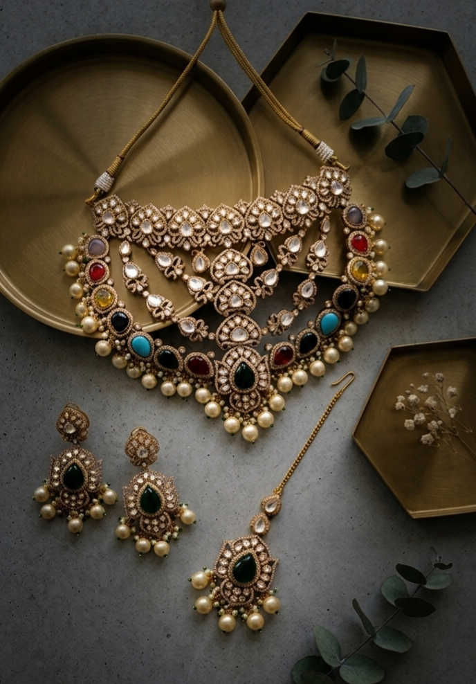 Close-up of Tavisi handcrafted brass casting AD kundan bridal necklace with multicolor stones and pearl detailing.
