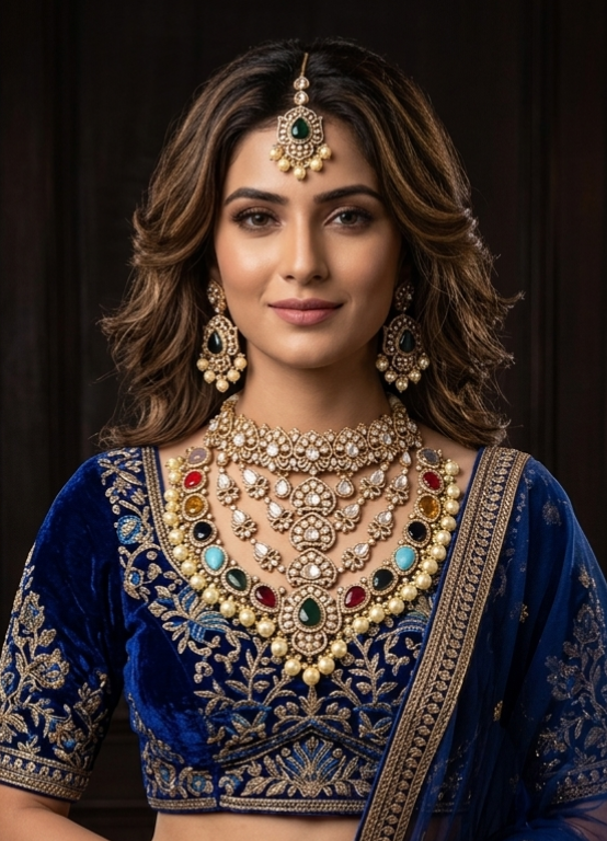 Model wearing Tavisi premium AD kundan bridal jewelry set with pearls, multicolor stones, earrings and maang tikka.