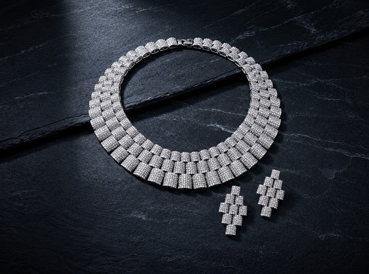 Close-up of Tavisi Imperial CZ AD stone multi-layer statement necklace