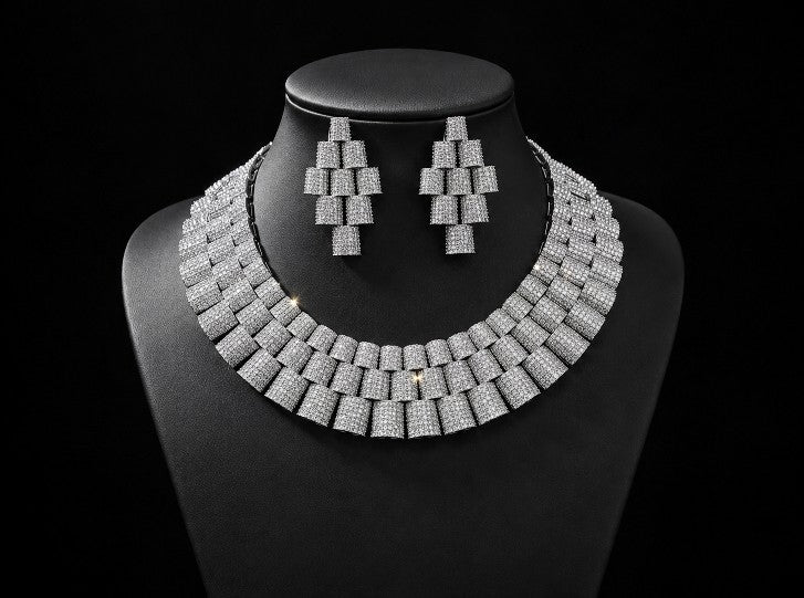 Tavisi Imperial CZ AD stone statement necklace and earrings set in brass