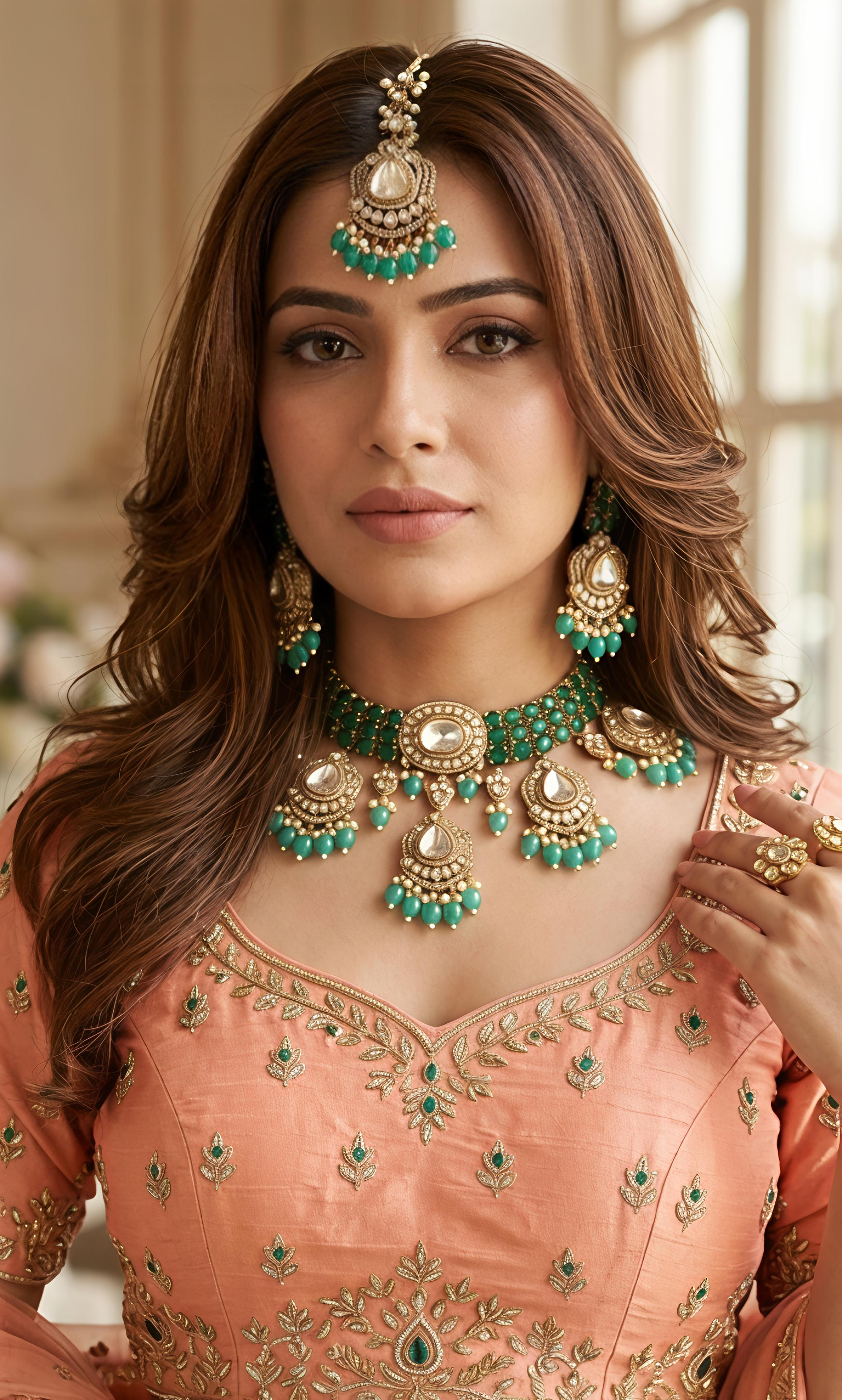 Tavisi Jardin long lasting premium bridal jewellery set with kundan stone, white CZ stones, emerald green AD stones, green beads, white pearls, brass casting and mehanti finish.