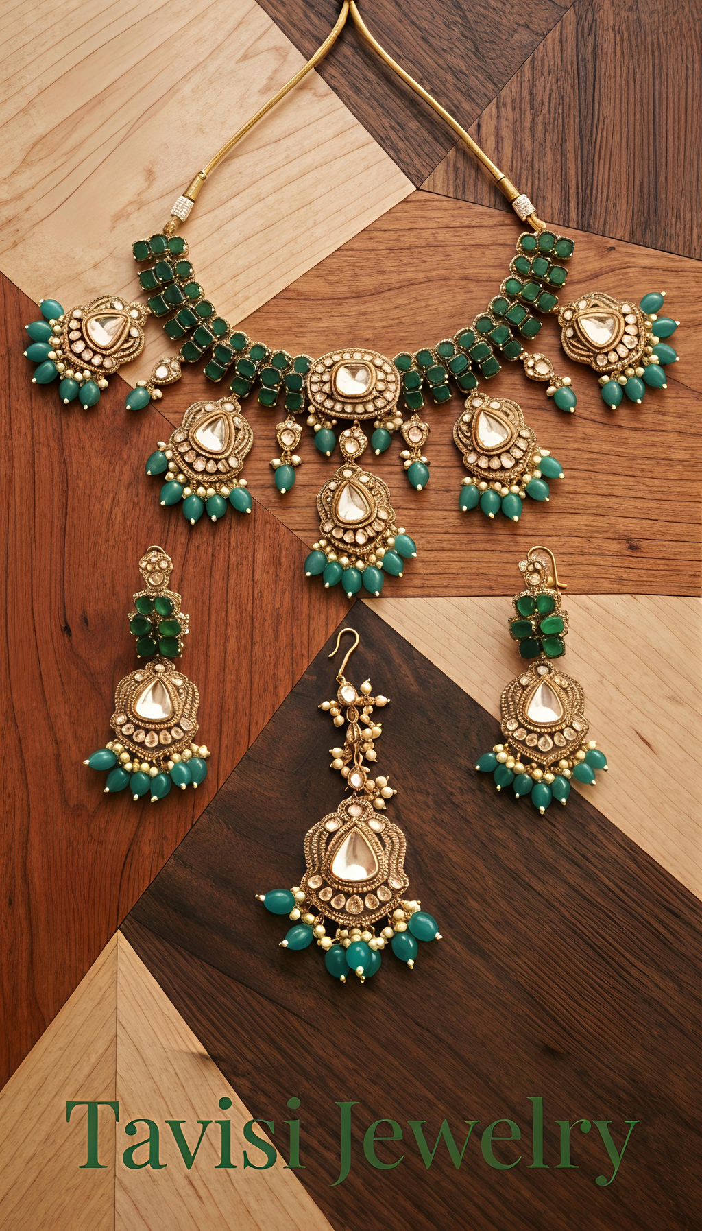Woman wearing Tavisi Jardin long lasting premium bridal jewellery set with kundan stone, white CZ stones, emerald green AD stones, green beads, white pearls, brass casting and mehanti finish.