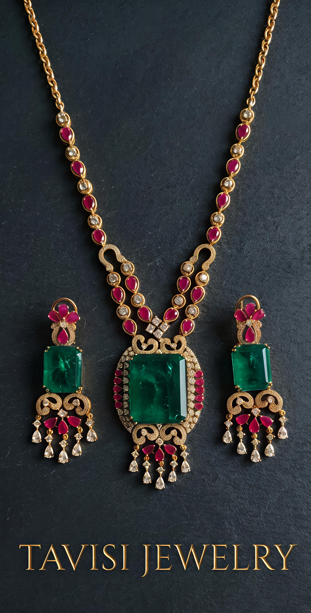 Close up of Tavisi long lasting brass casting necklace set with AD CZ Jardin Emerald green white and Rani Pink stones.