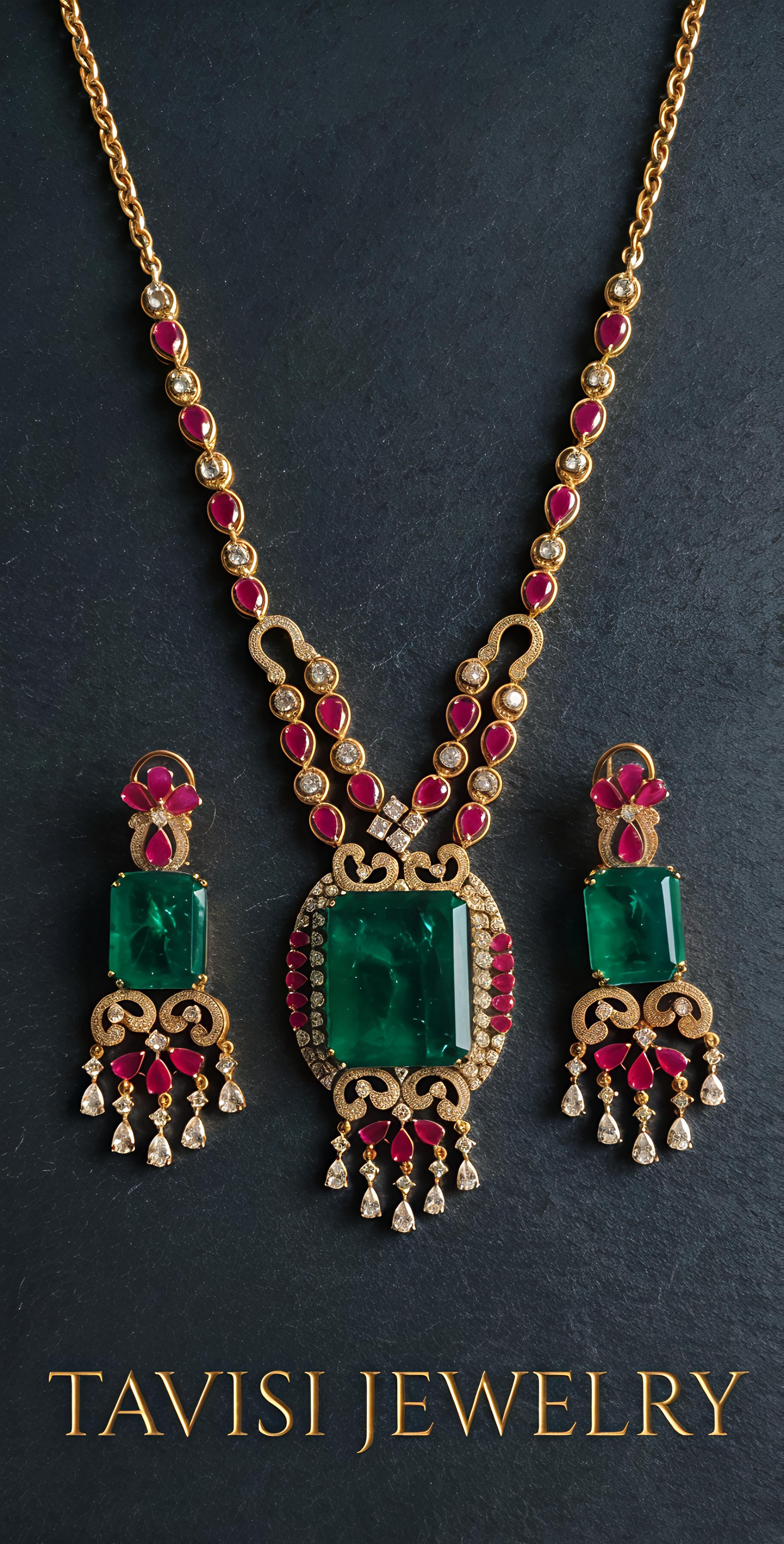 Close up of Tavisi long lasting brass casting necklace set with AD CZ Jardin Emerald green white and Rani Pink stones.