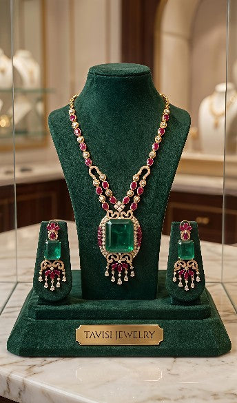 Tavisi long lasting brass casting necklace set with AD CZ Jardin Emerald green white and Rani Pink stones main product image.