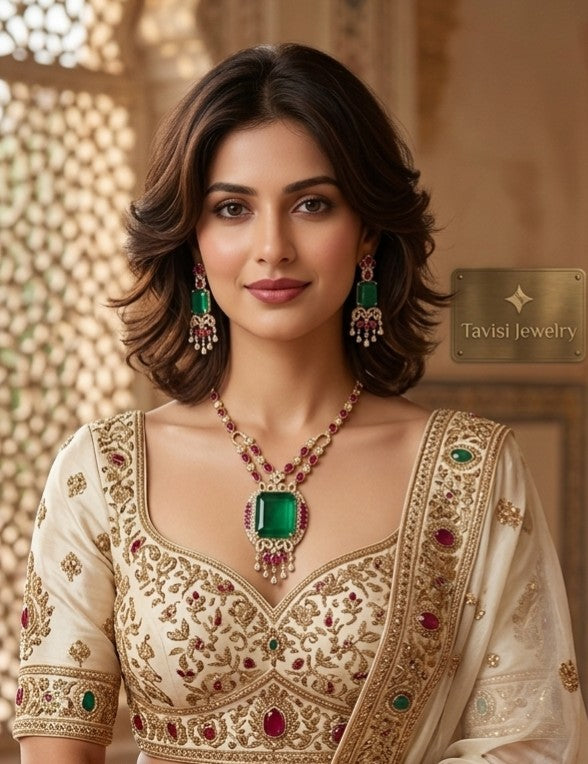 Model wearing Tavisi long lasting brass casting necklace set with AD CZ Jardin Emerald green white and Rani Pink stones.