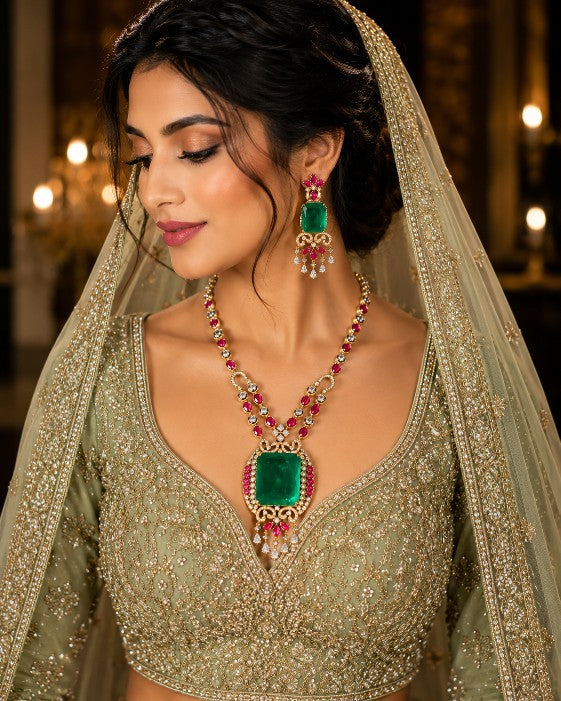 Model wearing Tavisi long lasting brass casting necklace set with AD CZ Jardin Emerald green white and Rani Pink stones.