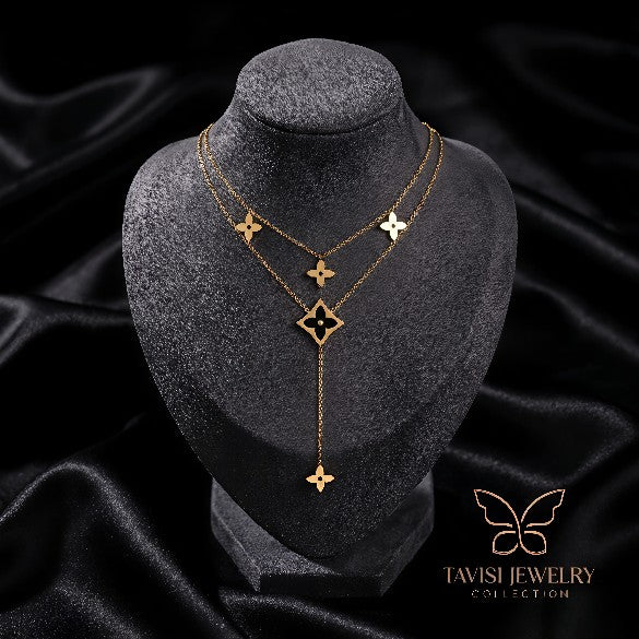 Black Square Clover Layered Chain Pendant Necklace – premium anti tarnish jewellery by Tavisi Jewelry