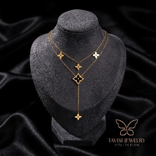 Black Square Clover Layered Chain Pendant Necklace – premium anti tarnish jewellery by Tavisi Jewelry