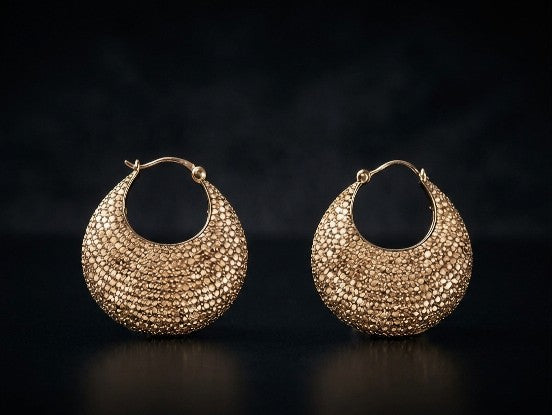 Tavisi crescent moon pavé hoop earrings in brass casting with silver tone finish and premium AD CZ stones