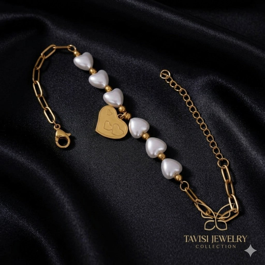 Heart Pearl Charm Gold Bracelet – premium anti tarnish luxury jewellery by Tavisi Jewelry