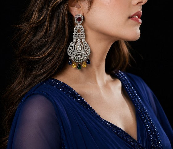 Woman wearing Tavisi Ruby Cascade AD CZ Premium Brass Silver Finish Multicolour Chandelier Earrings