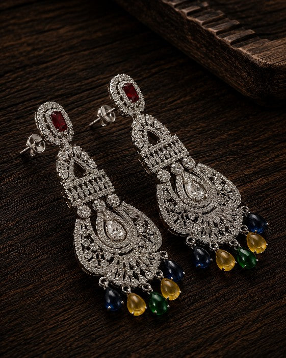 Tavisi Ruby Cascade AD CZ Premium Brass Silver Finish Multicolour Statement Earrings for Women