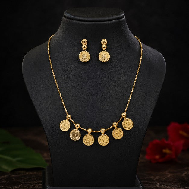 Tavisi Lakshmi coin temple jewellery necklace set in brass with gold finish