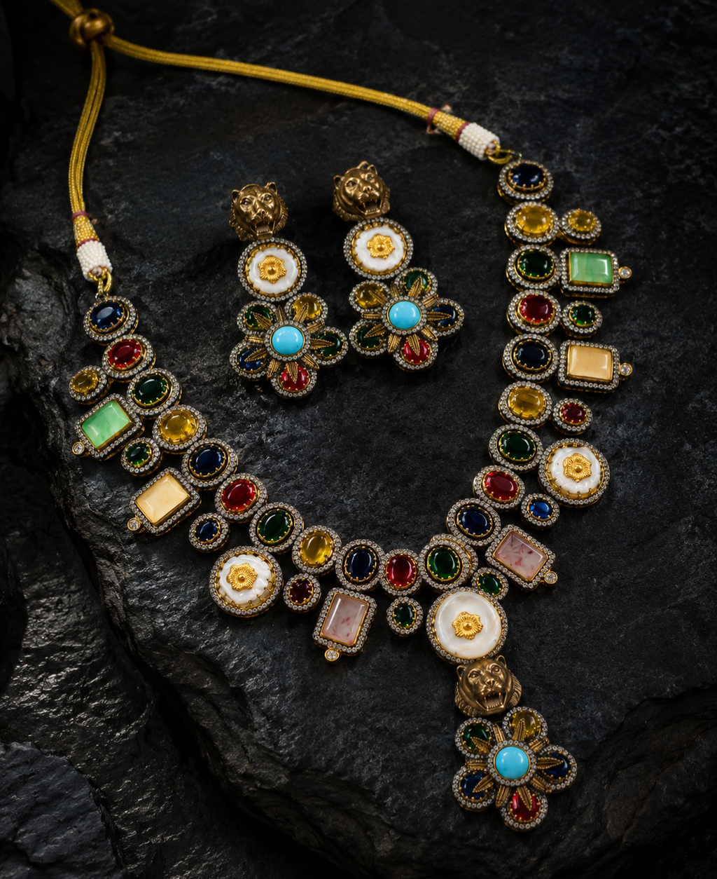 Close-up of Tavisi lion motif necklace set with white moissanite stones, multicolor kundan work and pearl detailing.