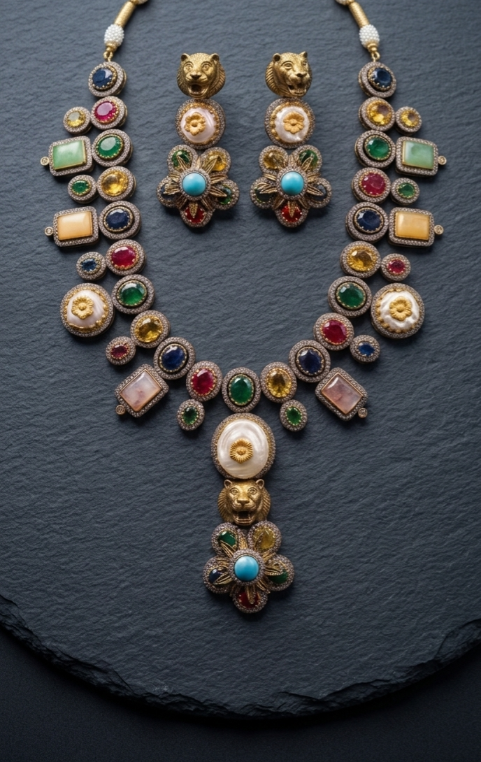 Close-up of Tavisi lion motif necklace set with white moissanite stones, multicolor kundan work and pearl detailing.