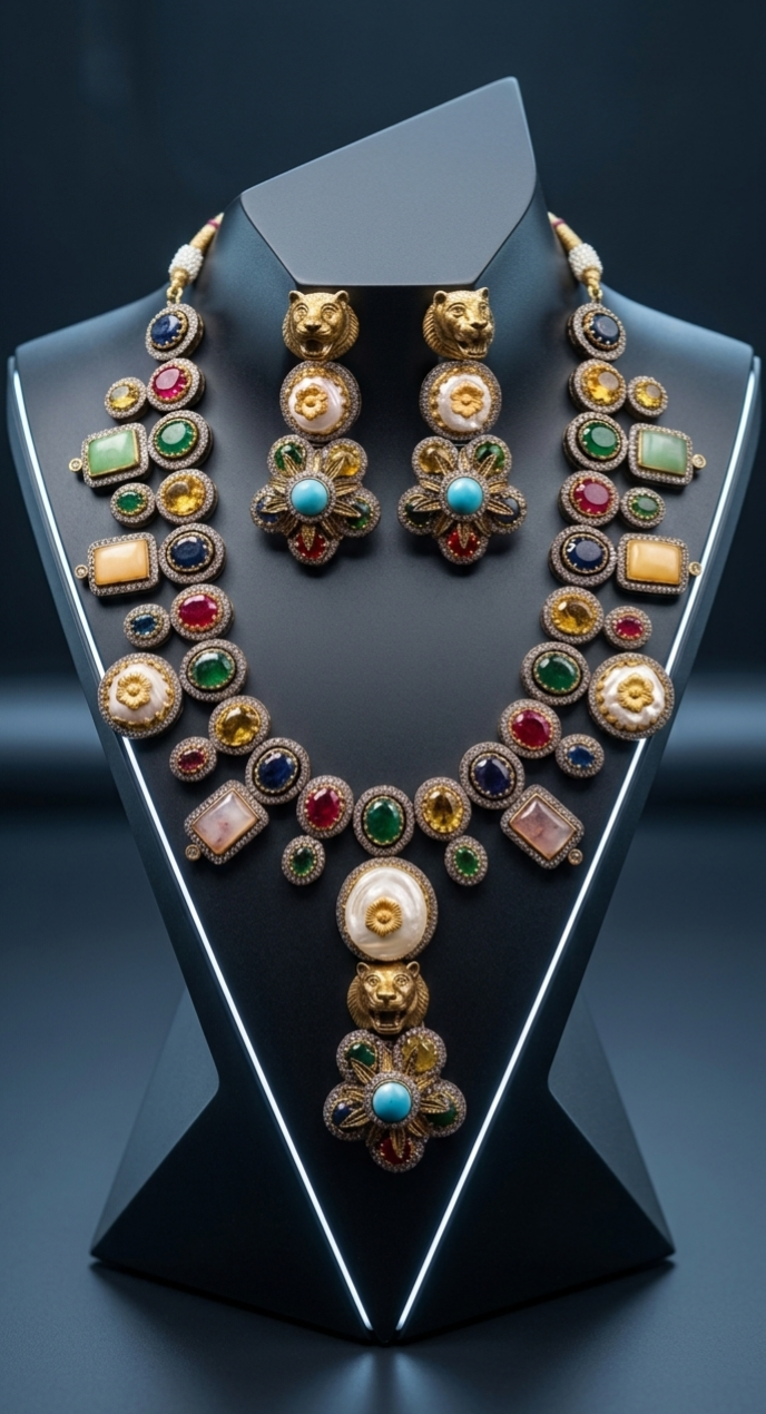 Tavisi lion motif necklace set with white moissanite stones, multicolor kundan detailing and pearl accents front view.