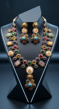 Tavisi lion motif necklace set with white moissanite stones, multicolor kundan detailing and pearl accents front view.