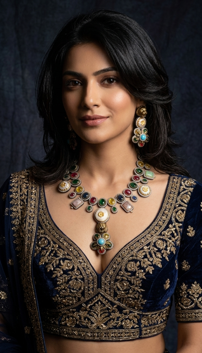Model wearing Tavisi lion motif necklace set with white moissanite stones, multicolor kundan craftsmanship and pearls.