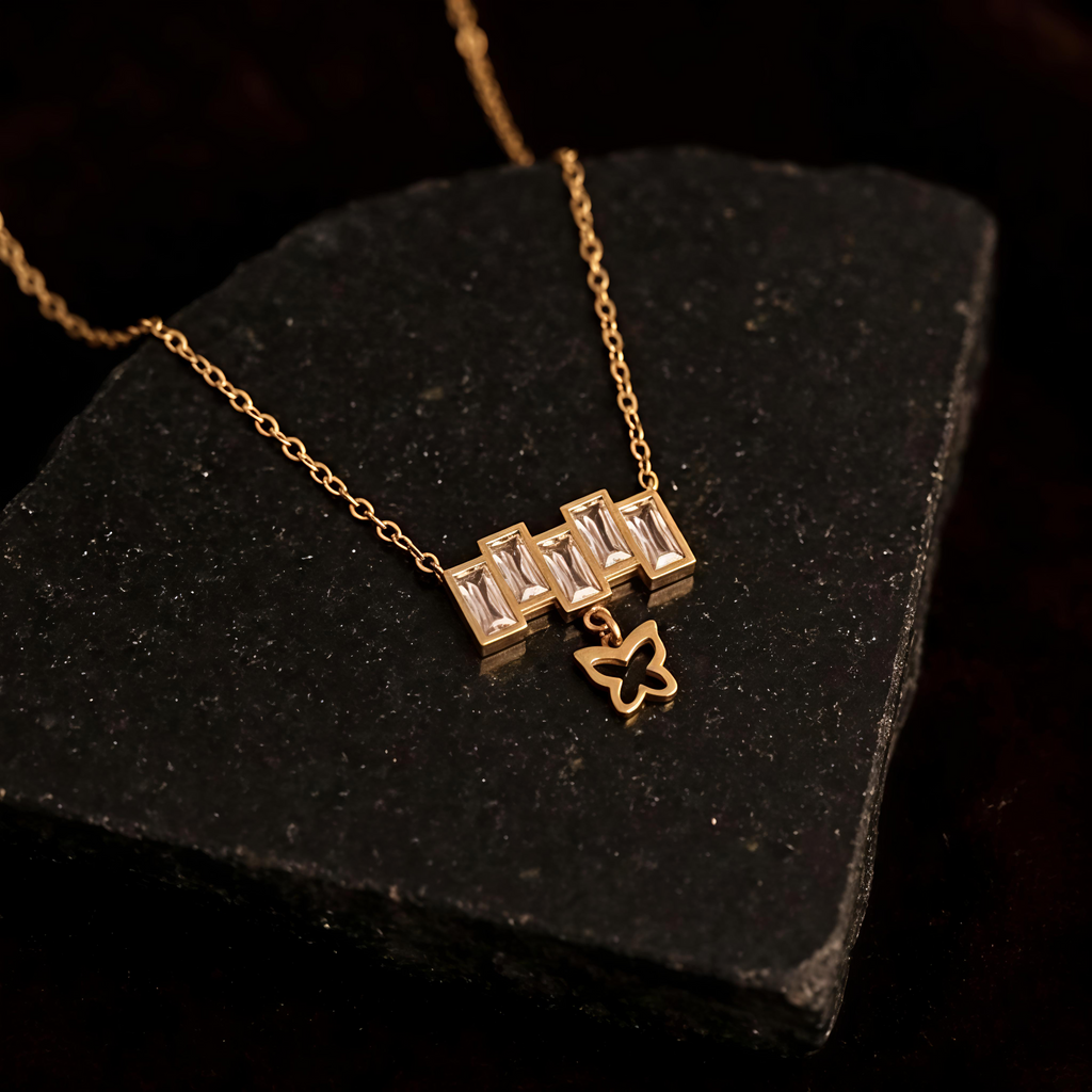 Close-up of Tavisi Liora Butterfly Pendant Necklace featuring anti tarnish waterproof stainless steel with elegant butterfly design