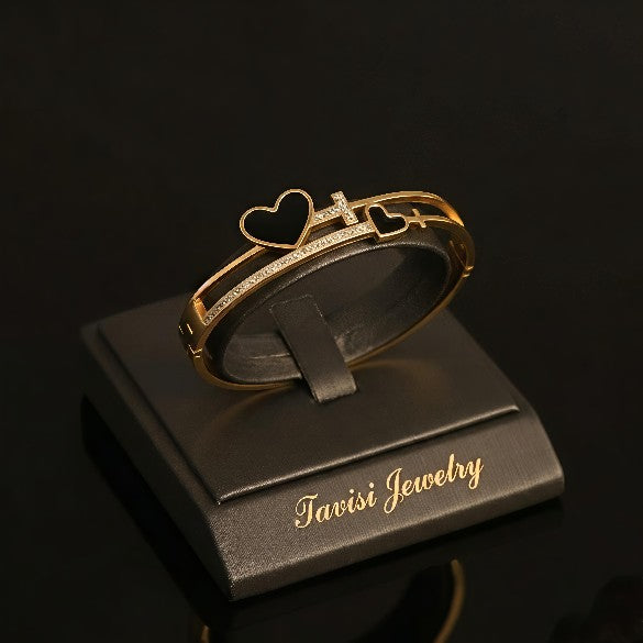 Tavisi love initial kada in 22K gold plated 316L surgical stainless steel with heart motif, CZ stones, open lock design, size 2.4
