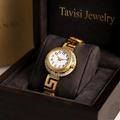 Woman wearing Tavisi Luxe AD gold watch bracelet with sparkling American Diamond stones and anti tarnish finish