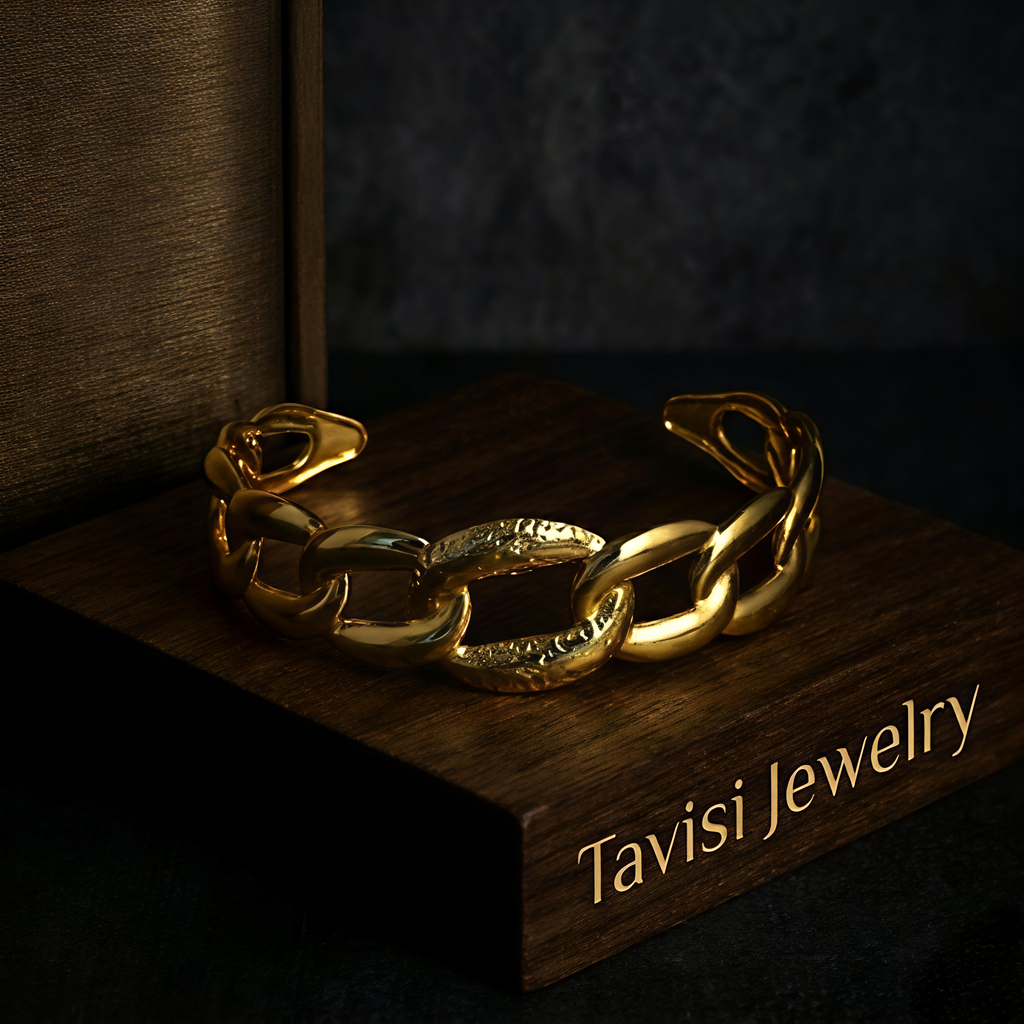 Premium Tavisi interlocking link gold plated cuff bracelet crafted in 316L surgical stainless steel with PVD coating
