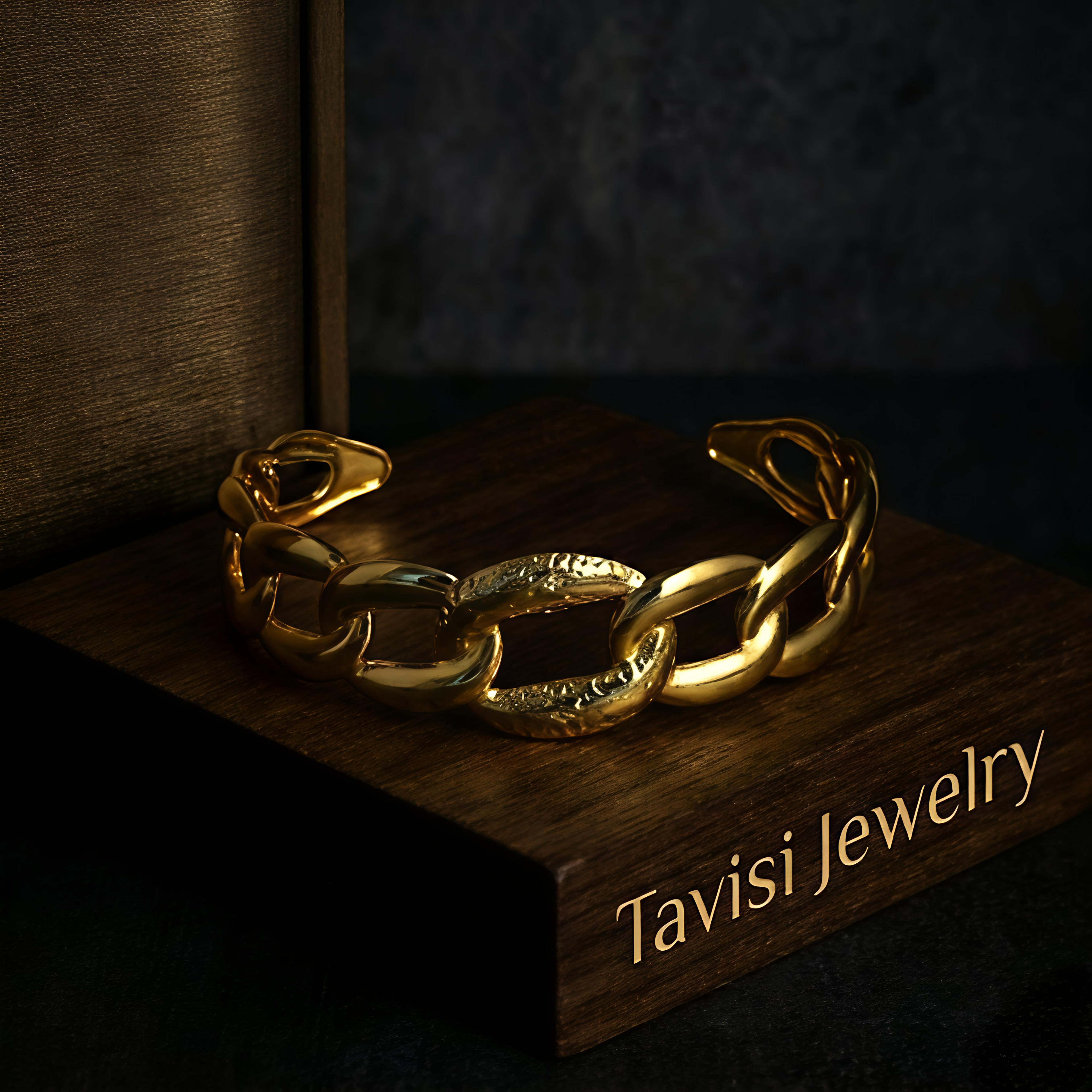 Premium Tavisi interlocking link gold plated cuff bracelet crafted in 316L surgical stainless steel with PVD coating