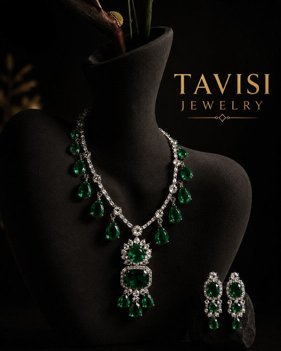 Tavisi Luxury Emerald Green AD CZ Stone Necklace Set with Long Lasting Shine for Everyday Luxury