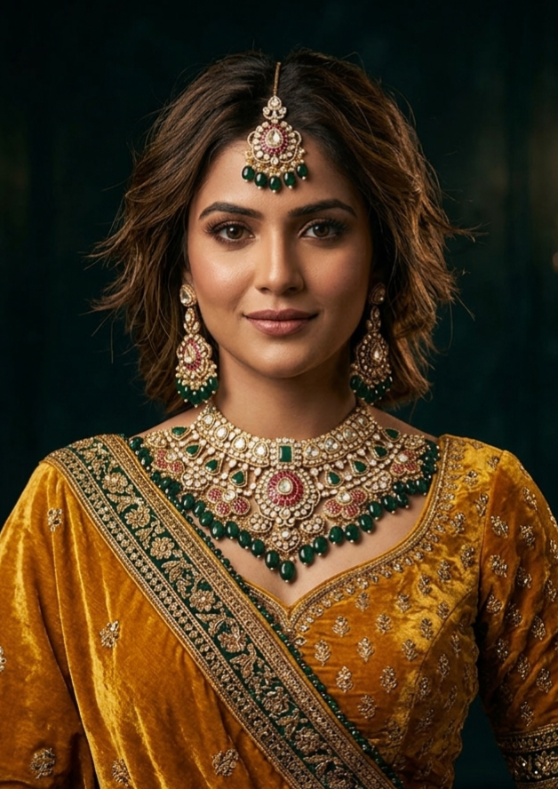 Angled view of Tavisi premium heavy CZ kundan bridal jewelry set with matching earrings maang tikka green beads and ruby stones