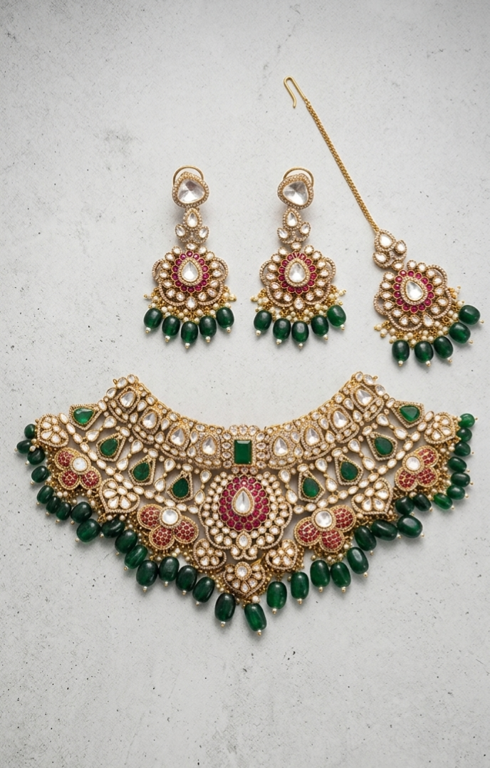 Close up of Tavisi handcrafted heavy brass casting CZ kundan bridal choker with green beads ruby and emerald stones