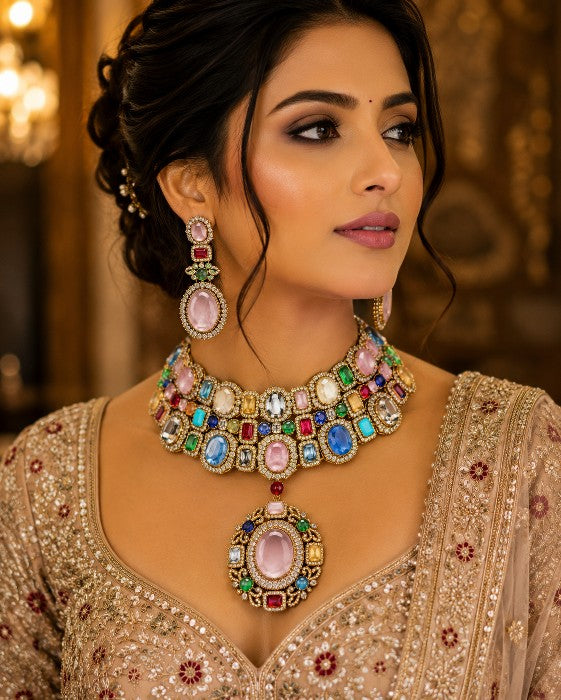 Tavisi Maharani Sabyasachi Inspired Bridal Choker Necklace and Earrings Set with CZ Stones Premium Brass Casting Luxury Designer Jewellery