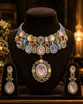 Tavisi Maharani Sabyasachi Inspired CZ Heavy Choker Necklace Set with Multicolour Stones Premium Brass Casting Royal Luxury Bridal Jewellery Model View
