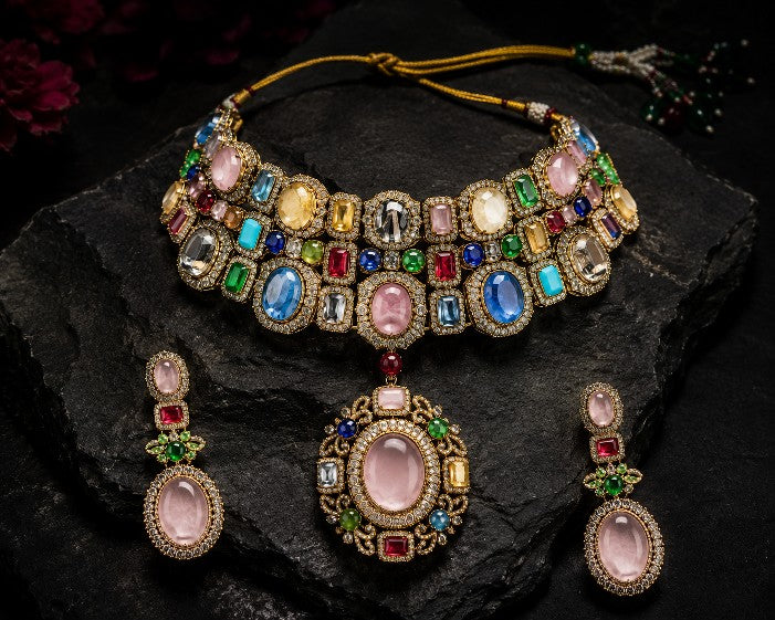 Tavisi Maharani CZ Cubic Zirconia Heavy Choker Set Featuring Pastel Multicolour Stones Premium Brass Casting Sabyasachi Inspired Wedding Jewellery