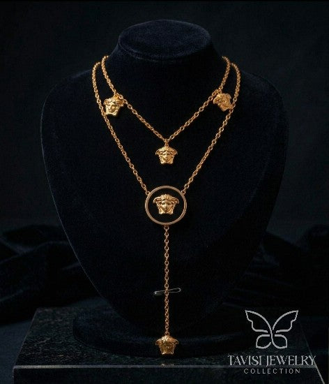 Close-up of Midnight Medusa Coin anti-tarnish layered necklace by Tavisi Jewelry