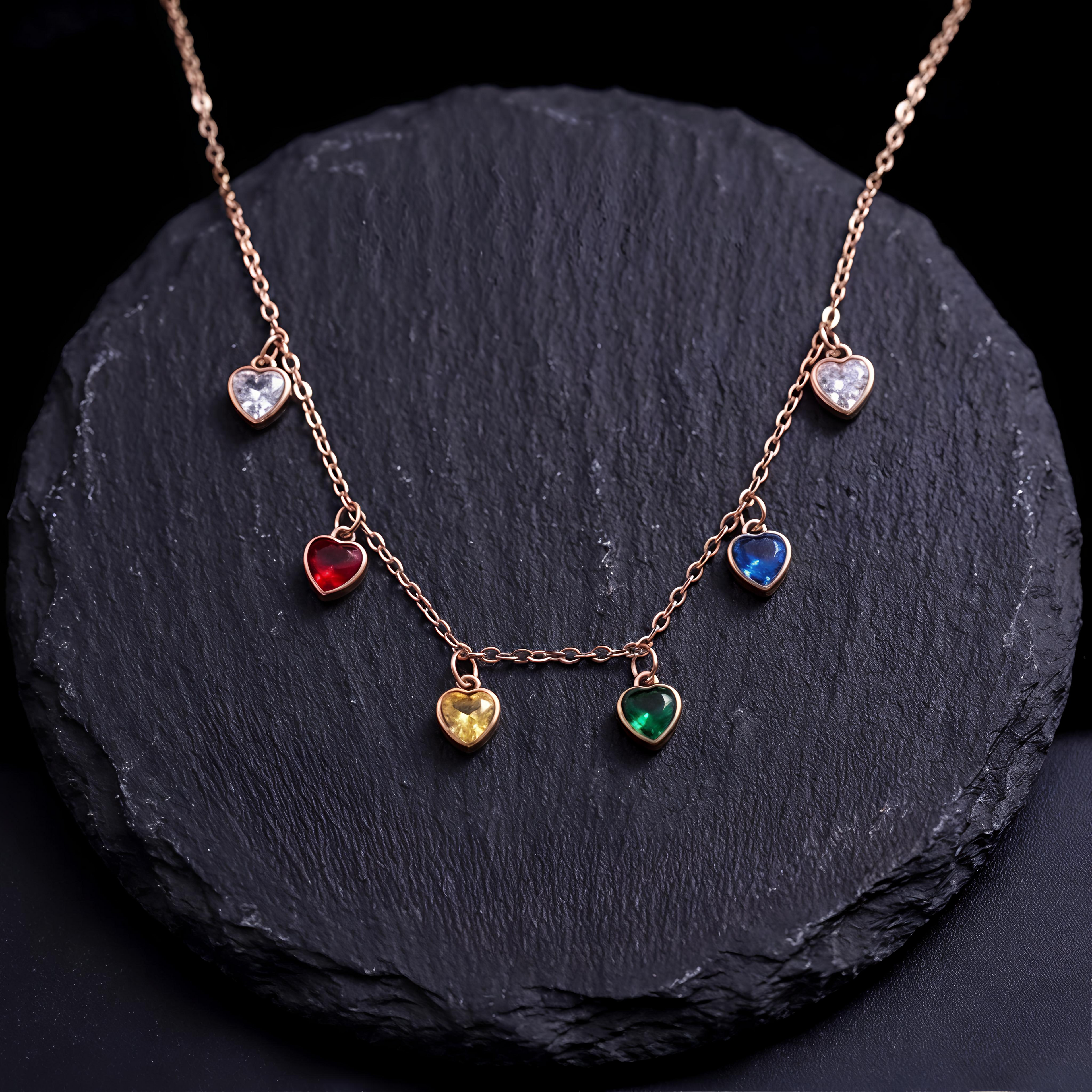 Premium Tavisi multi colour heart charm necklace with 18K rose gold plating and long lasting anti tarnish finish