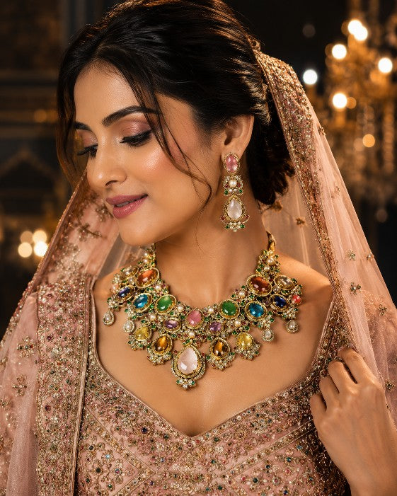 Woman wearing Tavisi Navaratna Royale moissanite bridal necklace set with kundan, pearls and navaratna stones.