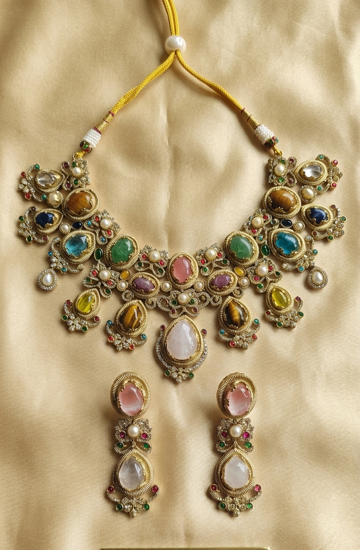 Close-up of Tavisi Navaratna Royale necklace with moissanite polki, kundan detailing, pearls and multicolor stones.