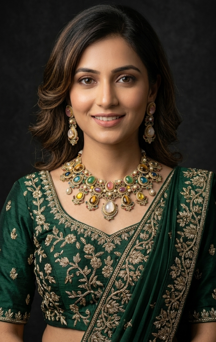 Woman wearing Tavisi Navaratna Royale moissanite bridal necklace set with kundan, pearls and navaratna stones.